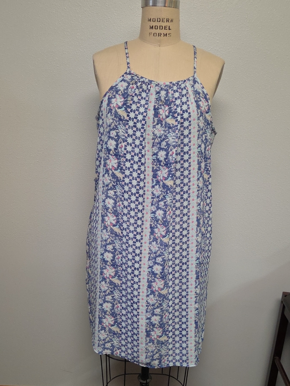 GAP Blue and White Floral-Print Spaghetti Strap Mini Dress
